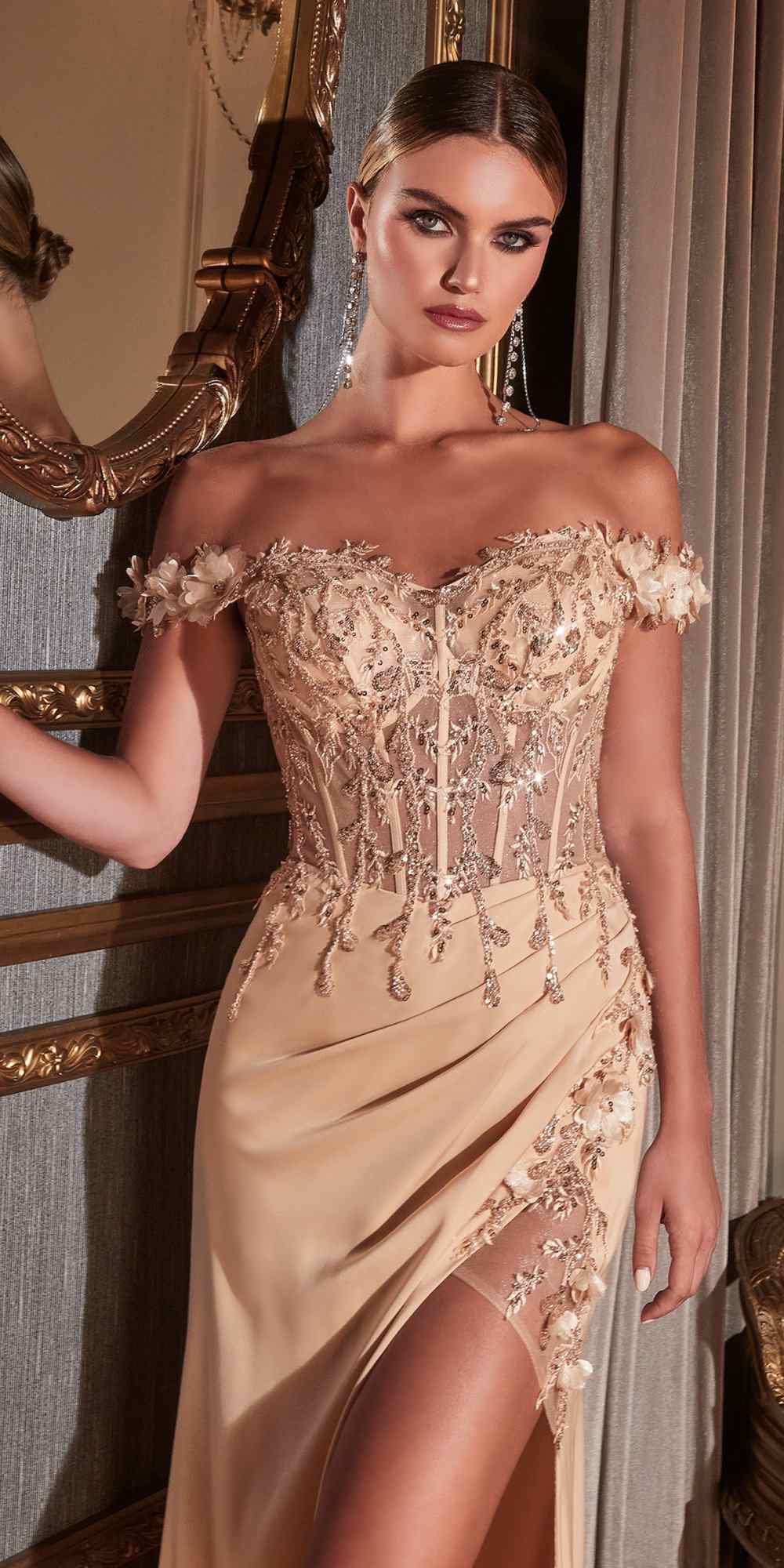 Cinderella Divine CD0186 Long Floral Off the Shoulder Gown with Slit