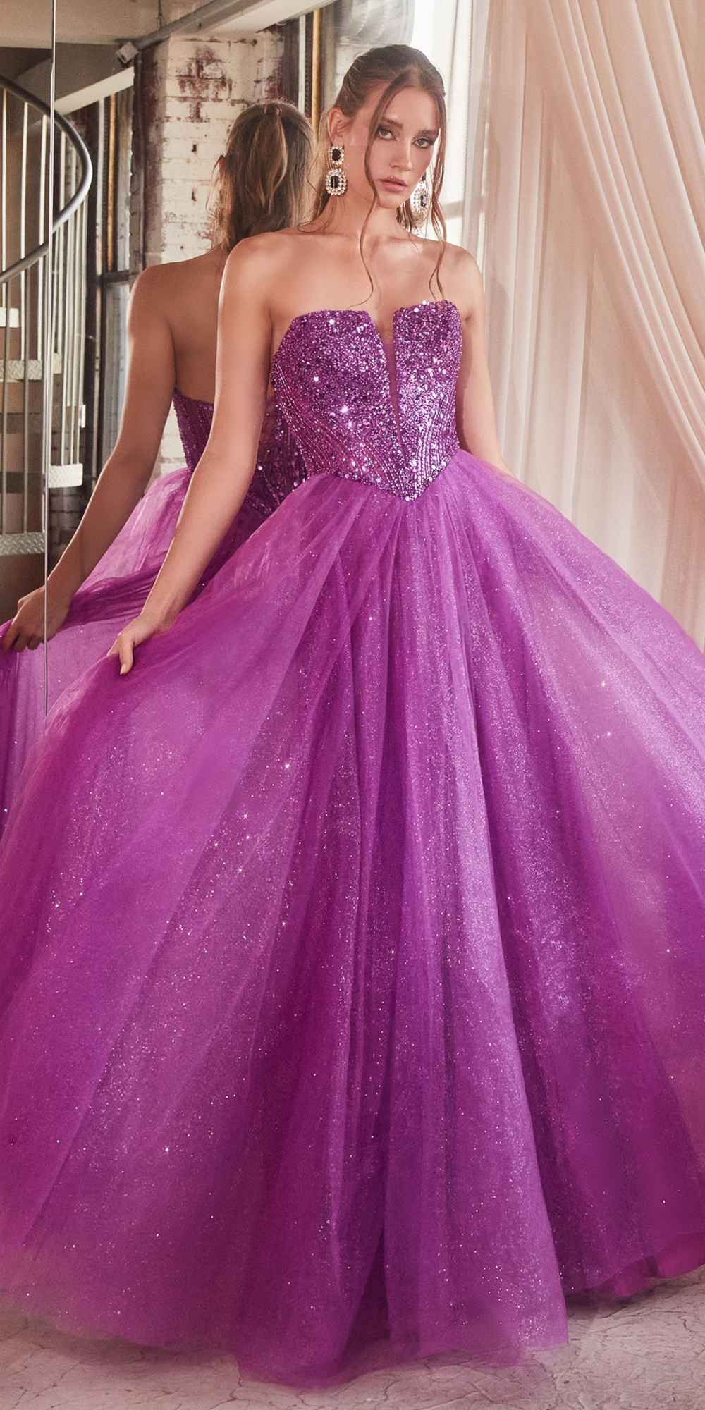 Ladivine CD0217 Long A-Line Strapless Sequin Bodice Glitter Tulle Skirt Dress