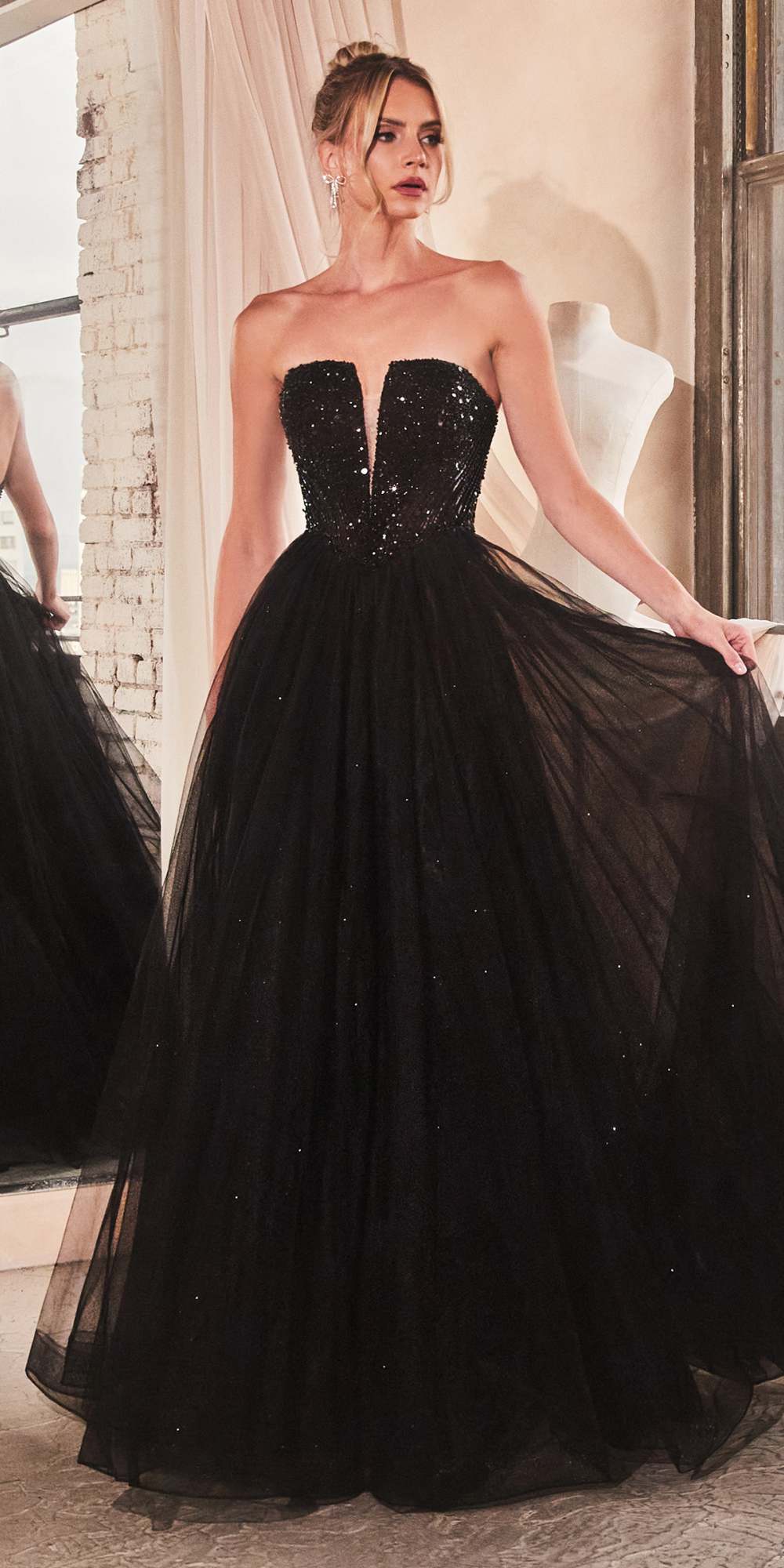 Ladivine CD0217 Long A-Line Strapless Sequin Bodice Glitter Tulle Skirt Dress