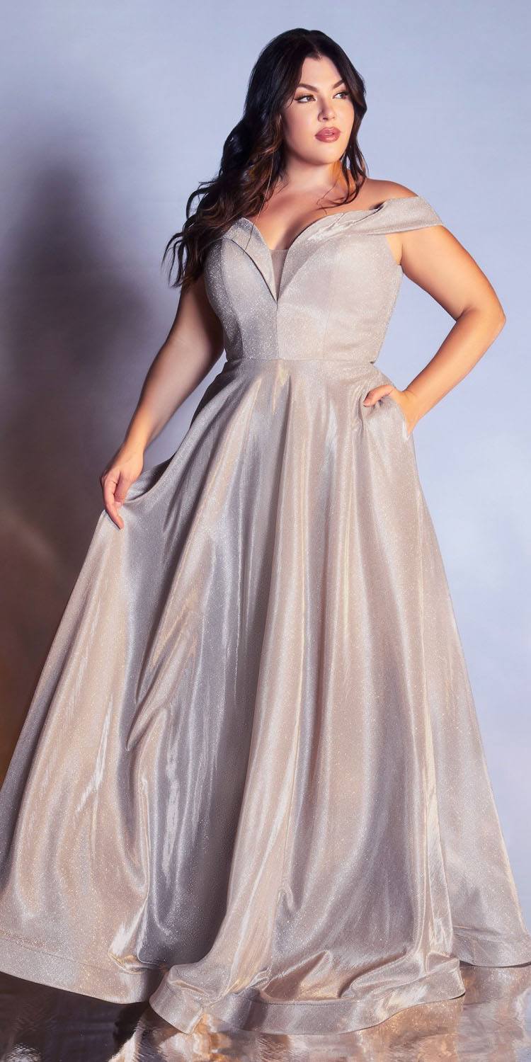 Cinderella Divine CD210C Off The Shoulder A-Line Gown Metallic Glitter