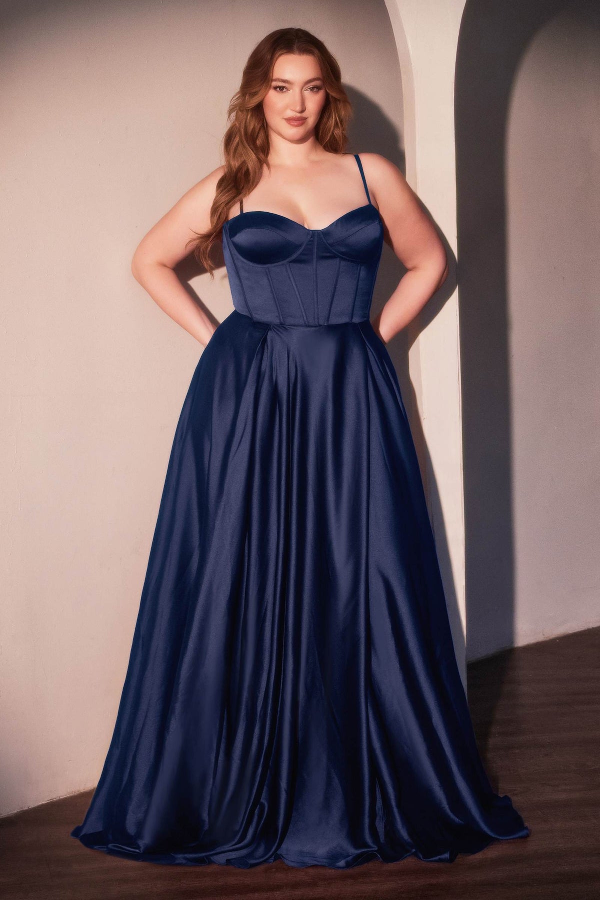 Ladivine CD337C Long A-Line Slit Satin Bustier Prom Dress