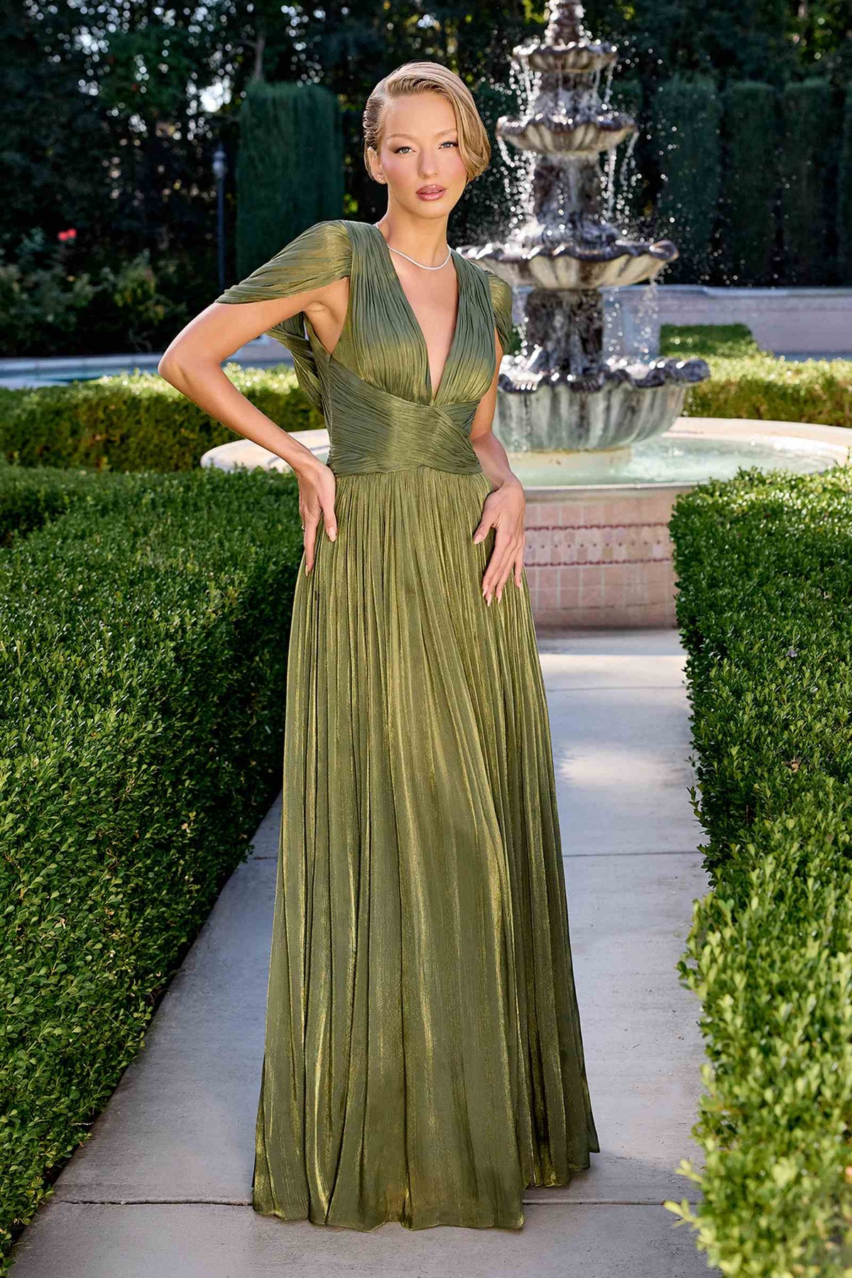 Ladivine CD413 Ethereal Shimmering Pleated Chiffon A-Line Gown