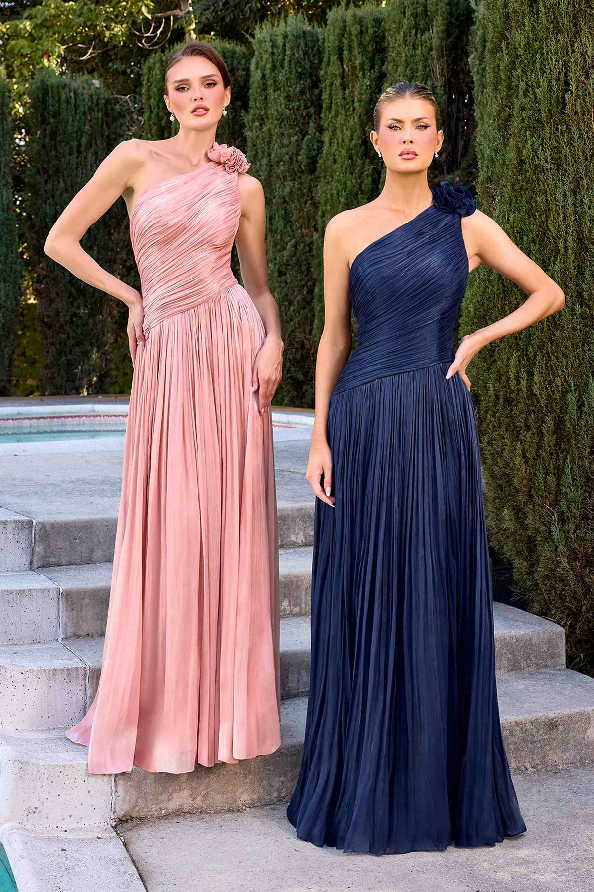 Ladivine CD415 One Shoulder Pleated Luminescent Chiffon Flowy Gown