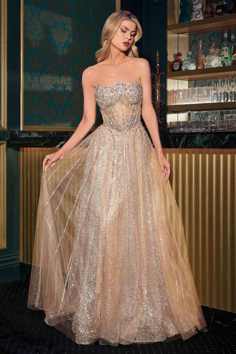 Ladivine CD724 Glitter A-Line Gown Strapless Sweetheart Crystal Beaded