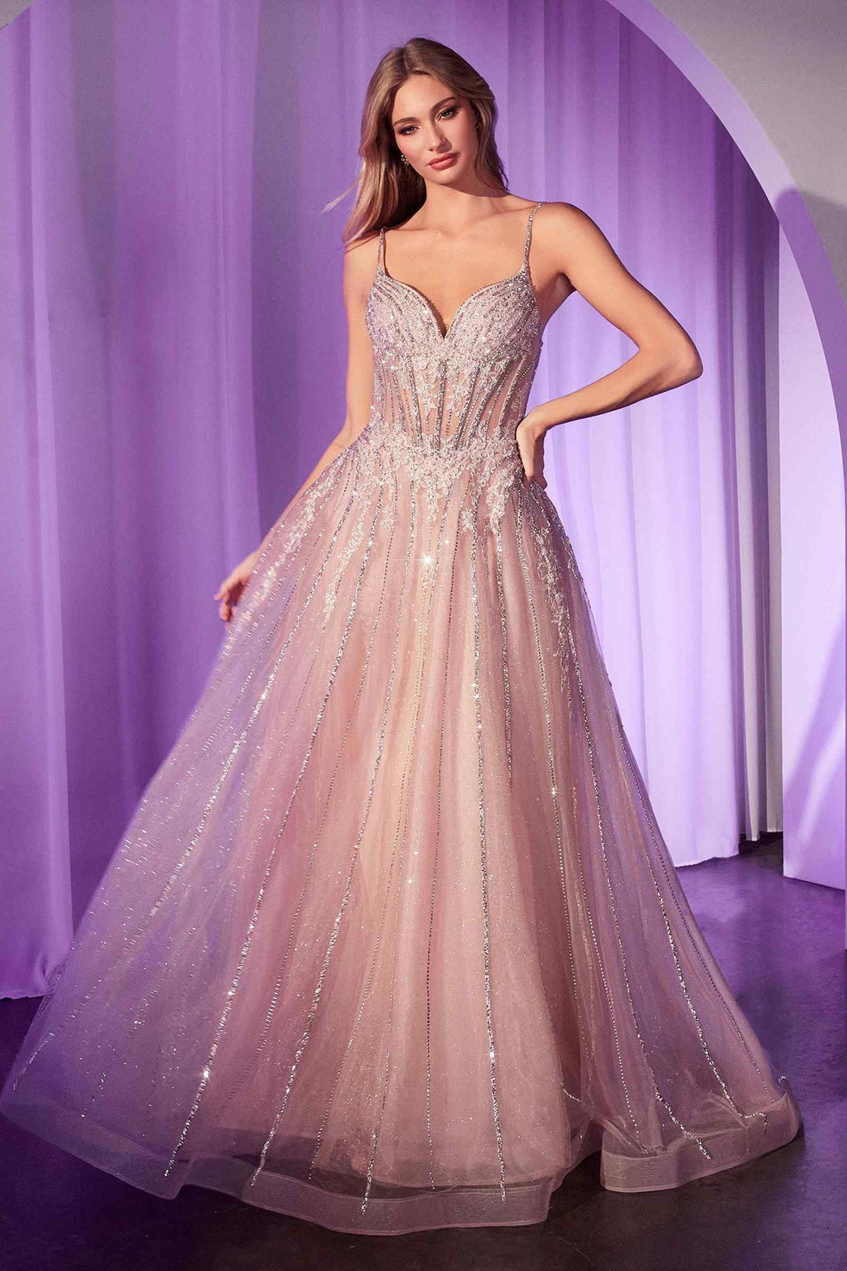 Ladivine CD786 Dress Crystal Embellished A-Line Tulle Gown