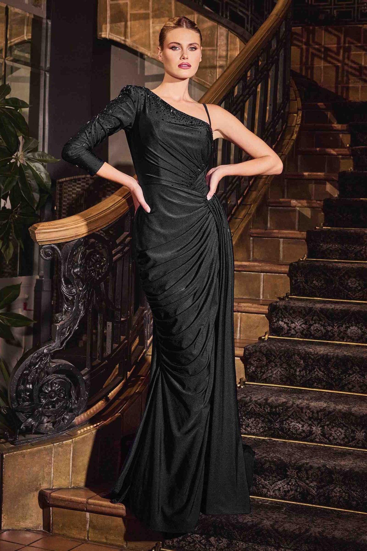 Ladivine CD787 Dress One Shoulder Stretch Satin Fitted Gown