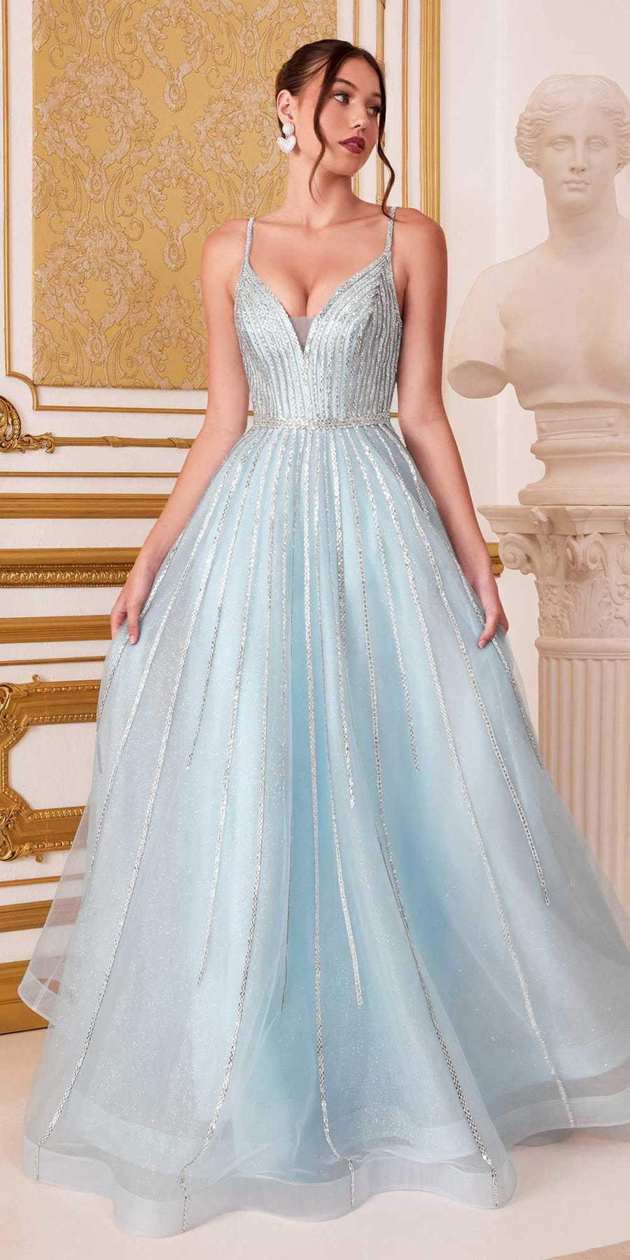 Cinderella Divine CD940 Stunning A-Line Ball Gown Glitter Tulle Long V-back