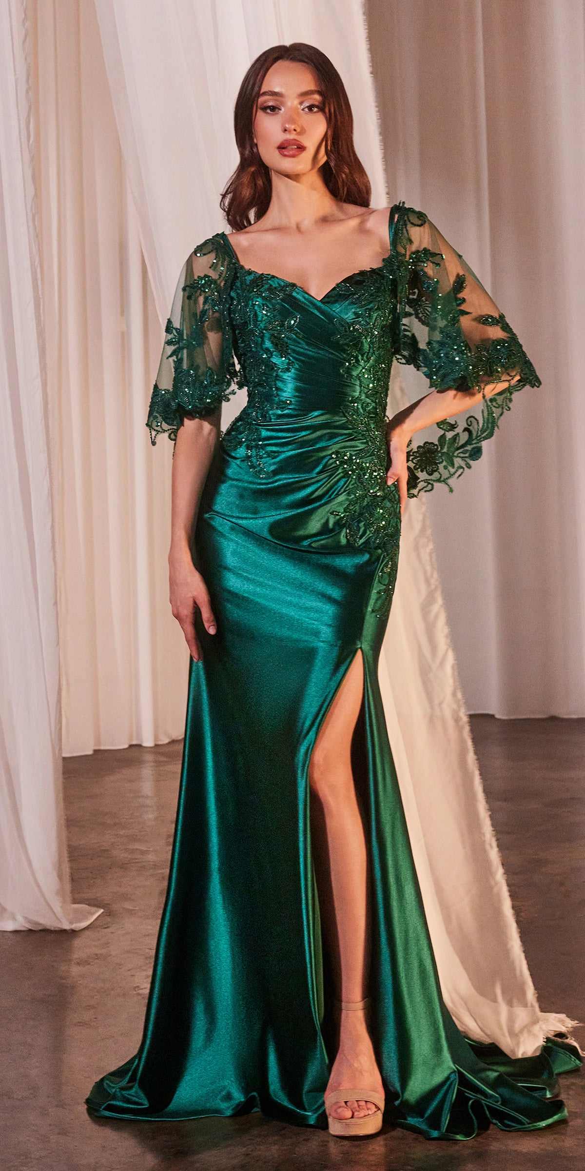 Ladivine CDS499 Stretch Satin Fitted Dress & Removable Lace Caplet
