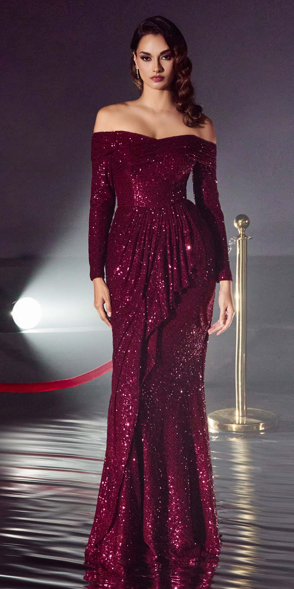 CLEARANCE - Ladivine CH135 Long Sequin Off the Shoulder Long Sleeve Gown (Size M)