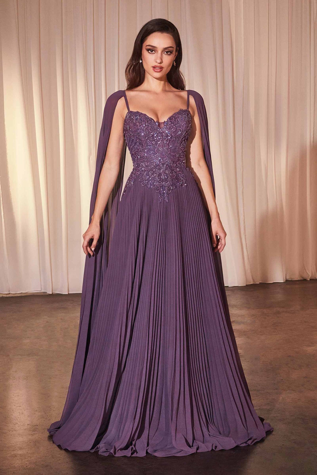Ladivine CJ937 Pleated A-Line Gown With Cape Sleeves