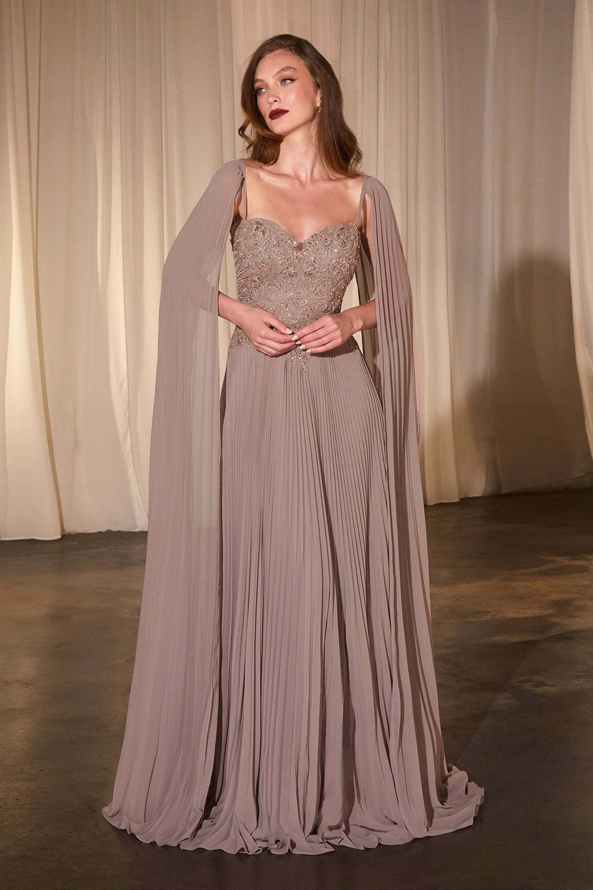 Ladivine CJ937 Pleated A-Line Gown With Cape Sleeves