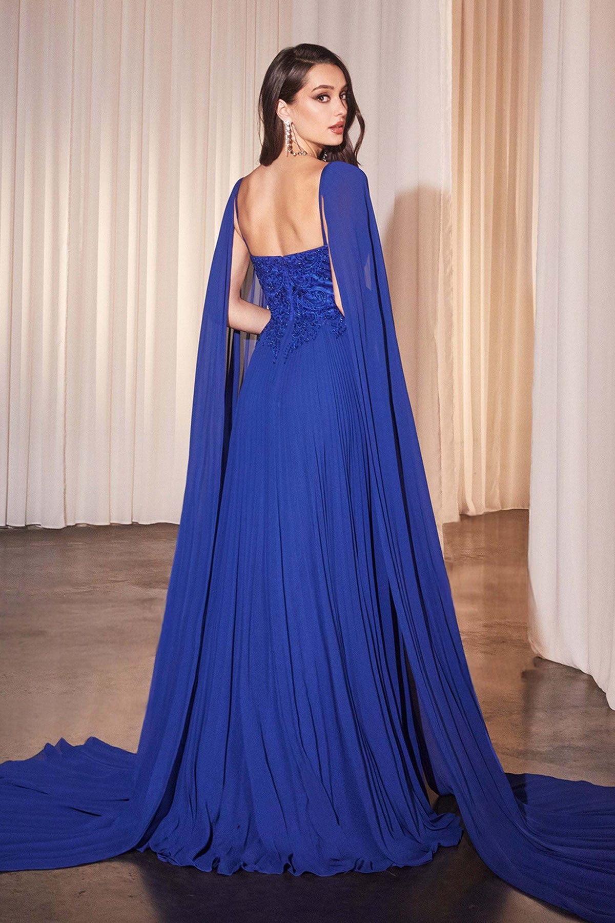 Ladivine CJ937 Pleated A-Line Gown With Cape Sleeves