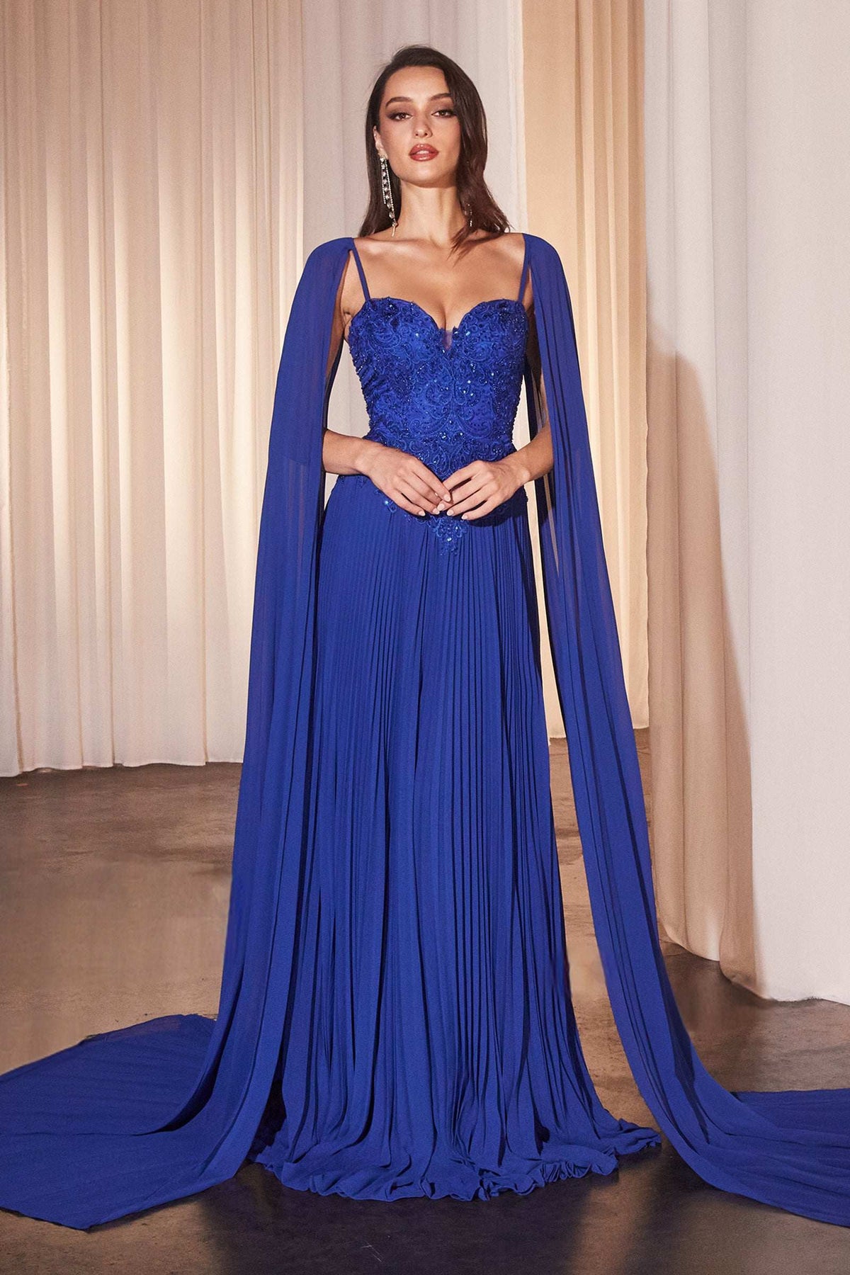 Ladivine CJ937 Pleated A-Line Gown With Cape Sleeves