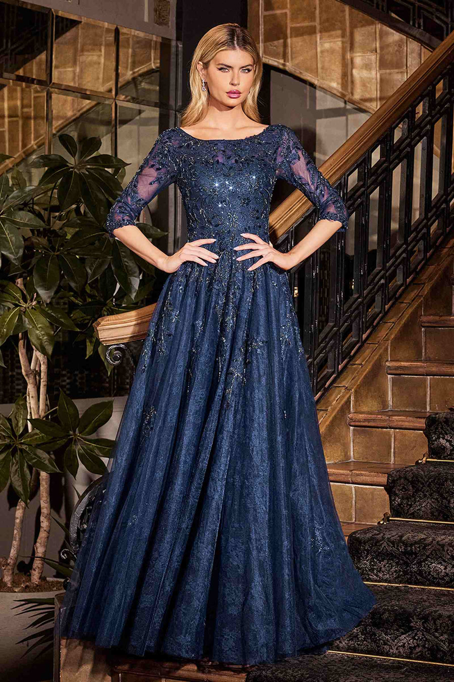 Ladivine CK2401 A-Line Lace & Tulle Modest Mother of the Bride Gown