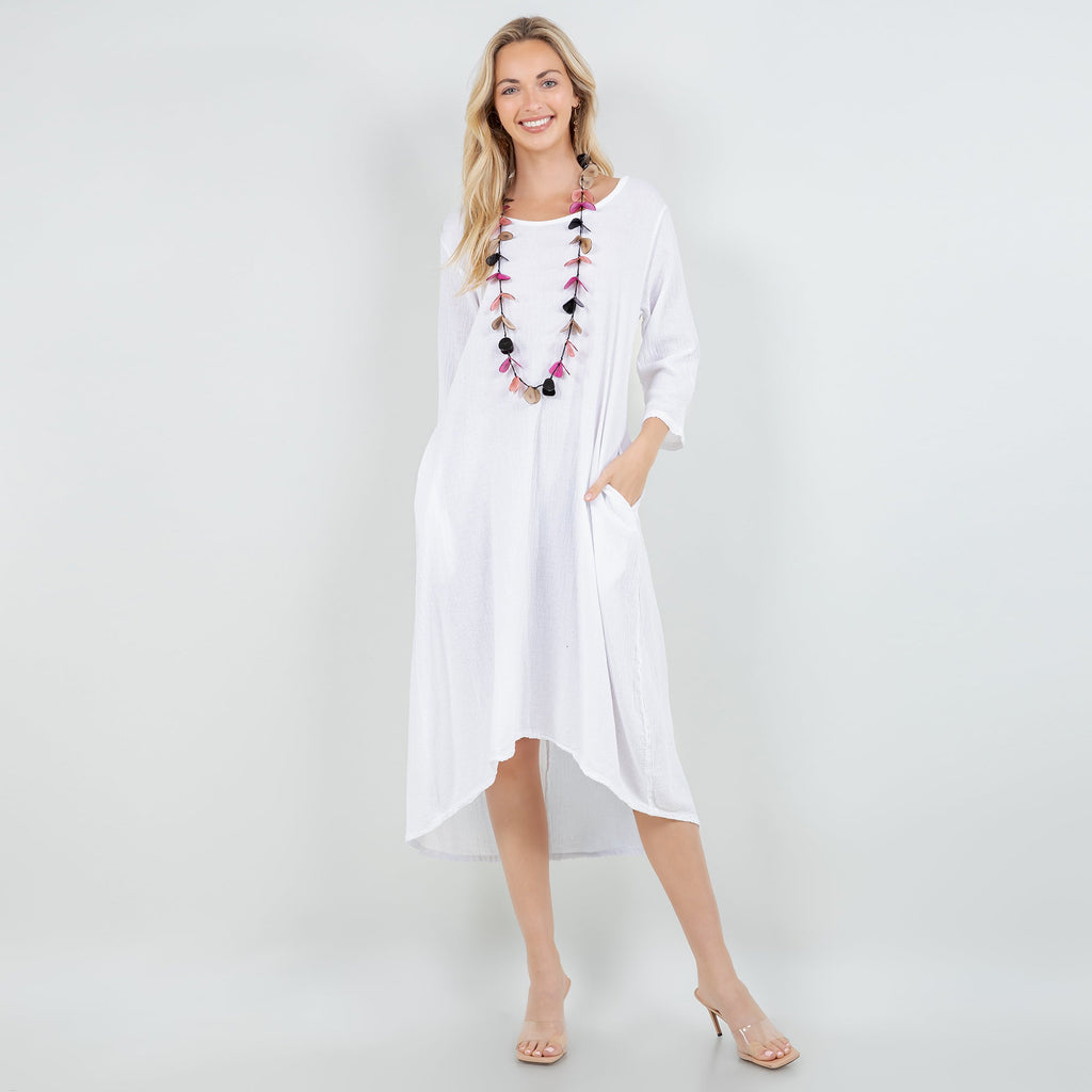 Ellen Our Hi-Low Cotton Gauze Dress with Sleeves and Pockets