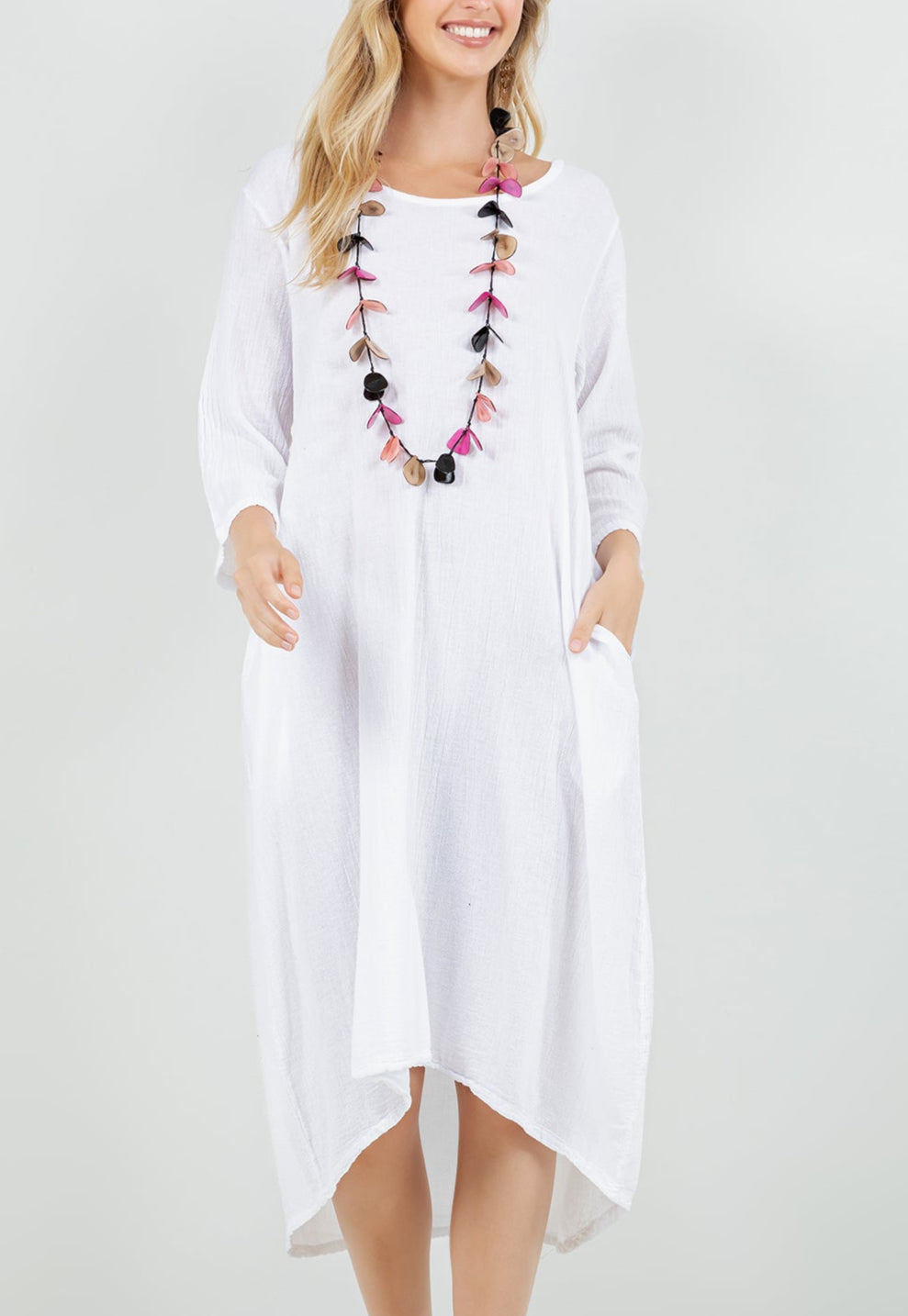 Ellen Our Hi-Low Cotton Gauze Dress with Sleeves and Pockets