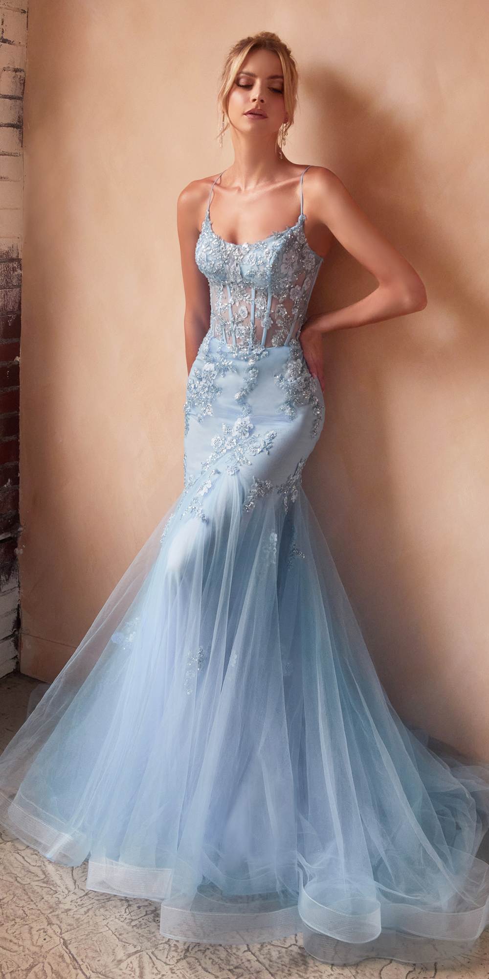 Ladivine D145 Long Sparkly Mermaid Gown Tulle Skirt Corset Back