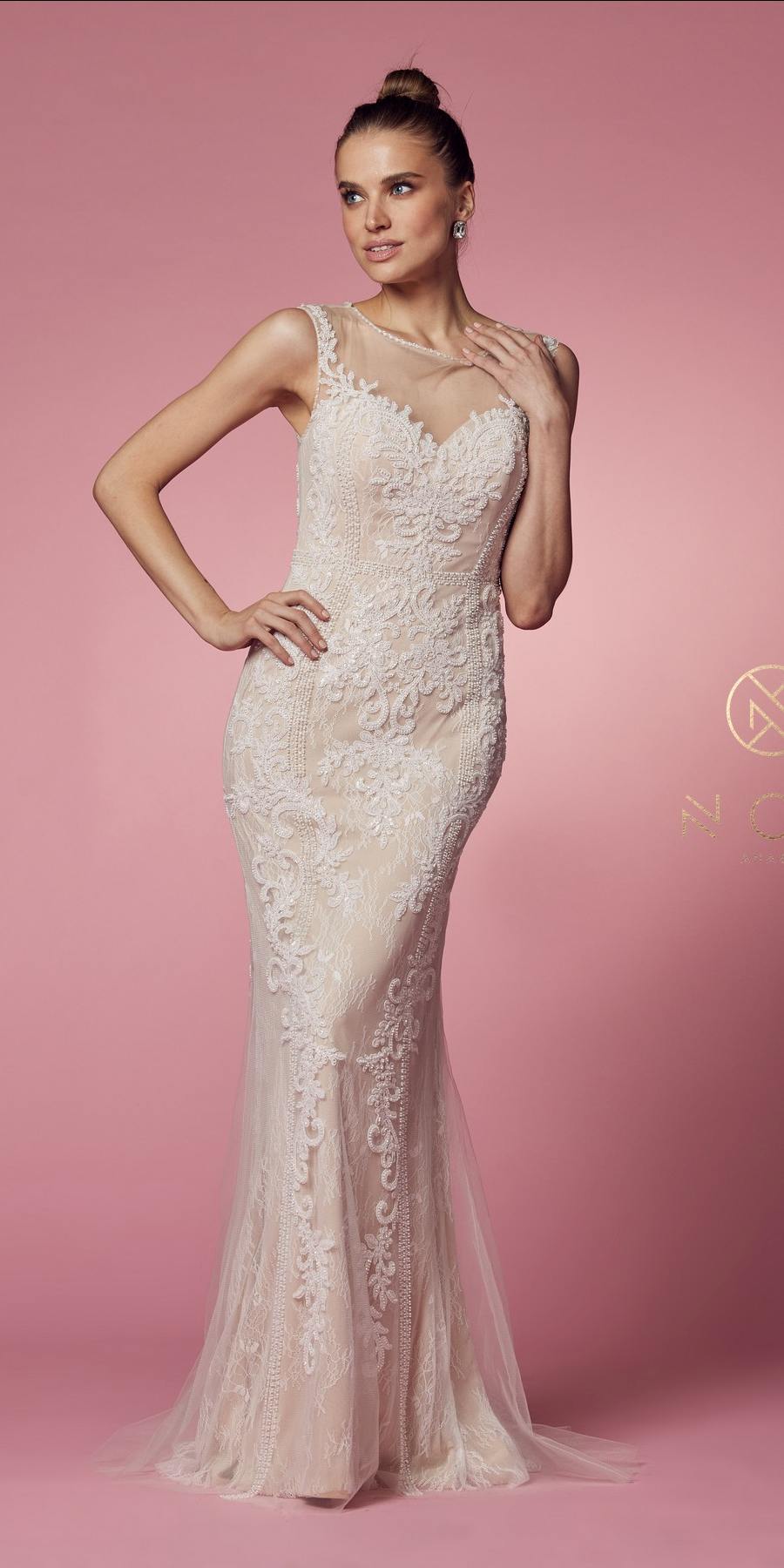 Nox Anabel E1006 Fitted Sheath Formal Lace Dress with Illusion Neckline
