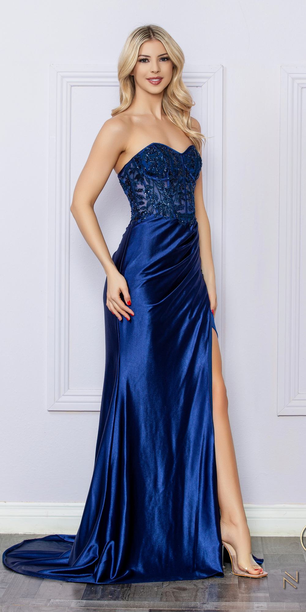 Nox Anabel E1284 Long Strapless Satin Sequin Boned Bodice Formal Gown