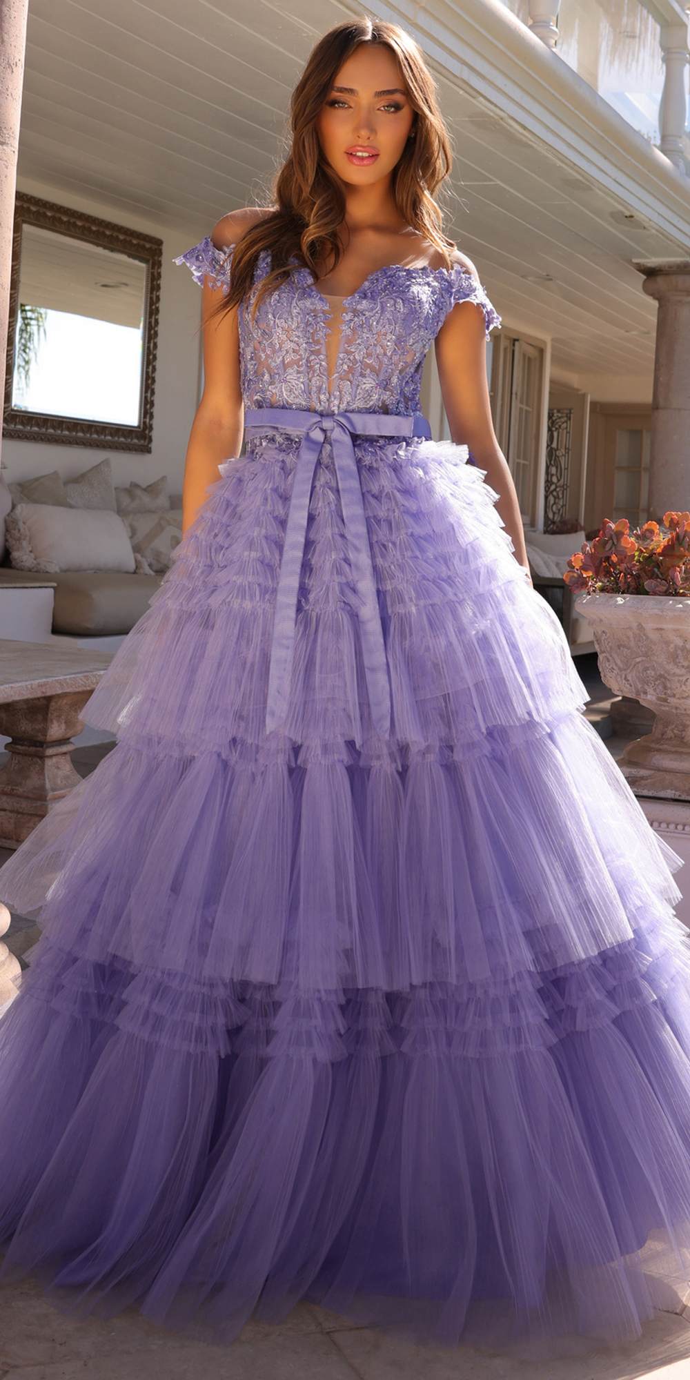 Nox Anabel E1293 Long Off the Shoulder Sweetheart Ruffled Tiered Tulle Gown