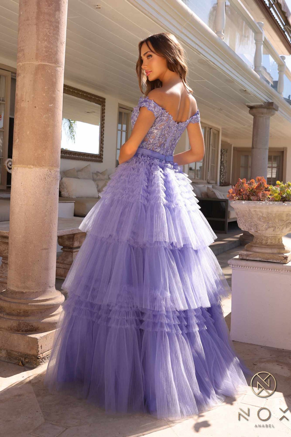 Nox Anabel E1293 Long Off the Shoulder Sweetheart Ruffled Tiered Tulle Gown
