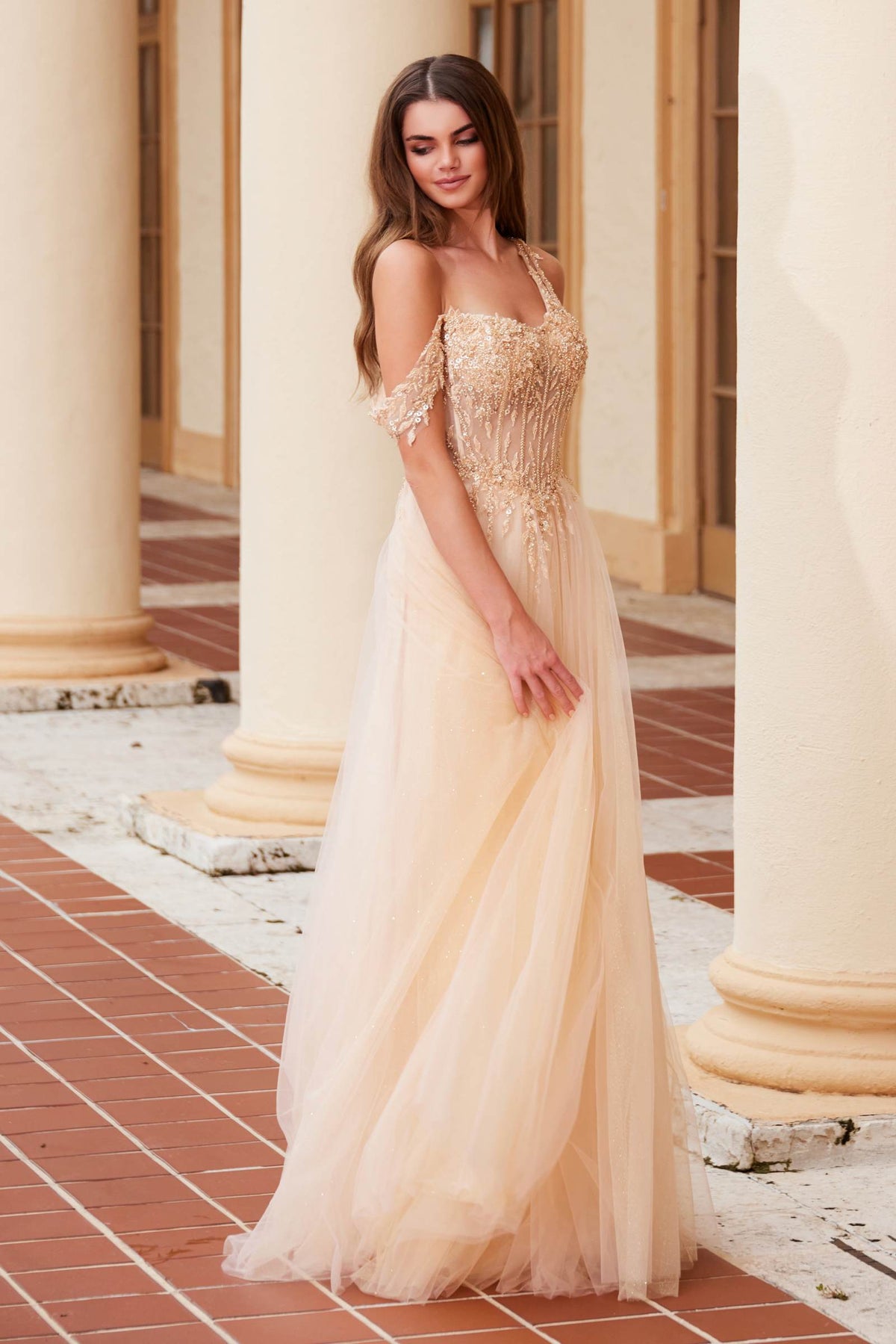 Nox Anabel F1567 Embroidered A-Line Sheer Boned Waistline Dress
