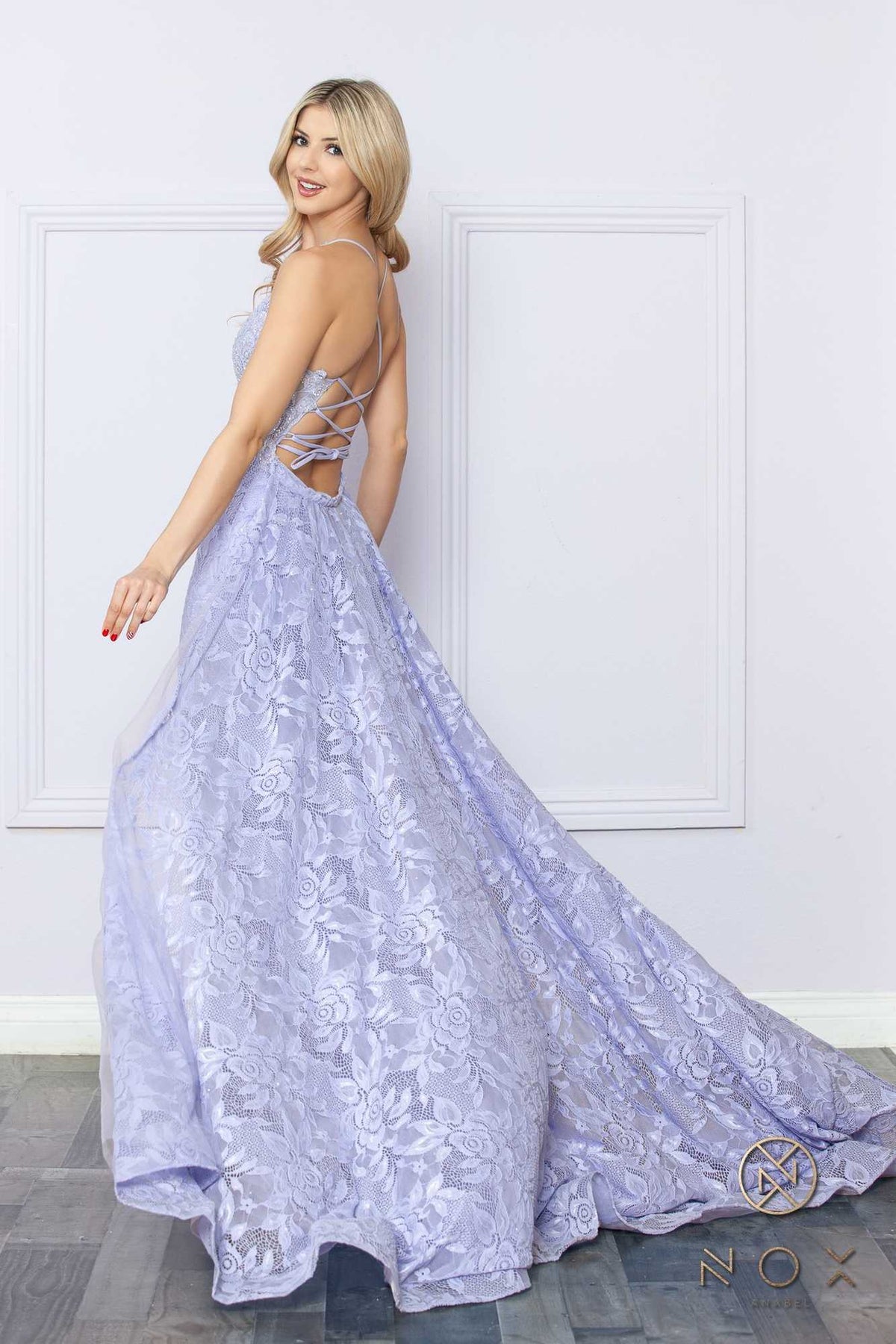Nox Anabel G1353 Long Boho Inspired Embroidered V-Neck Mermaid Gown