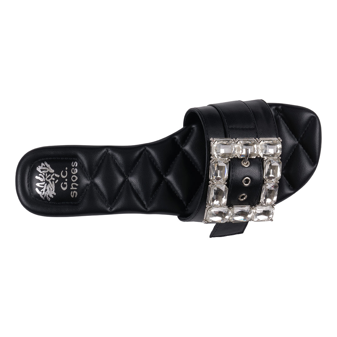 Women's Bianca Black Rhinestone Buckle Flat Sandals