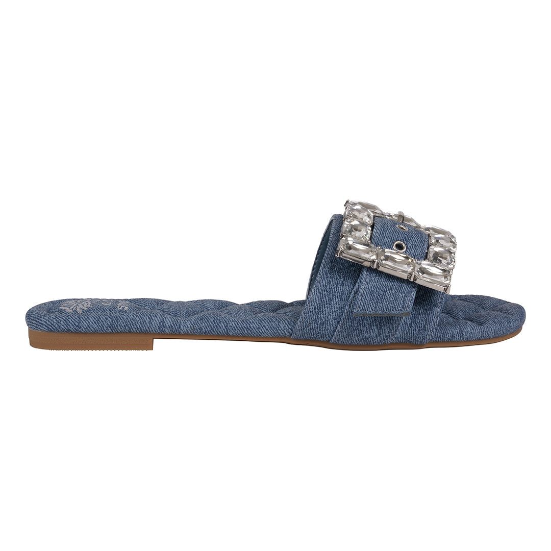 Women's Bianca Denim Rhinestone Buckle Flat Sandals