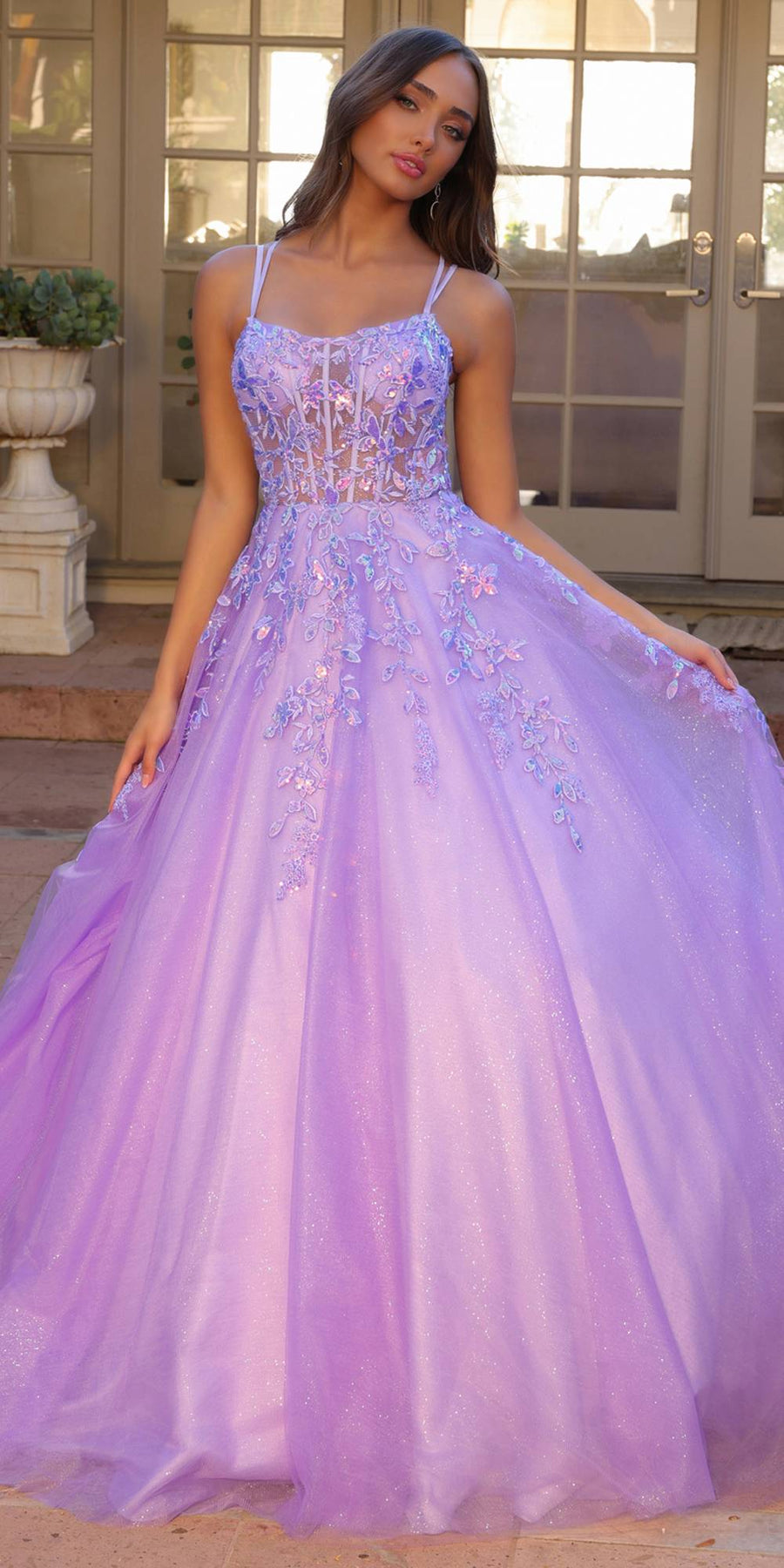 Nox Anabel H1271 Long Scoop Neckline Glitter Tulle A-Line Ballgown