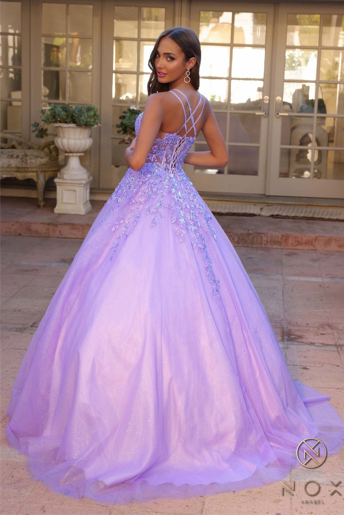Nox Anabel H1271 Long Scoop Neckline Glitter Tulle A-Line Ballgown