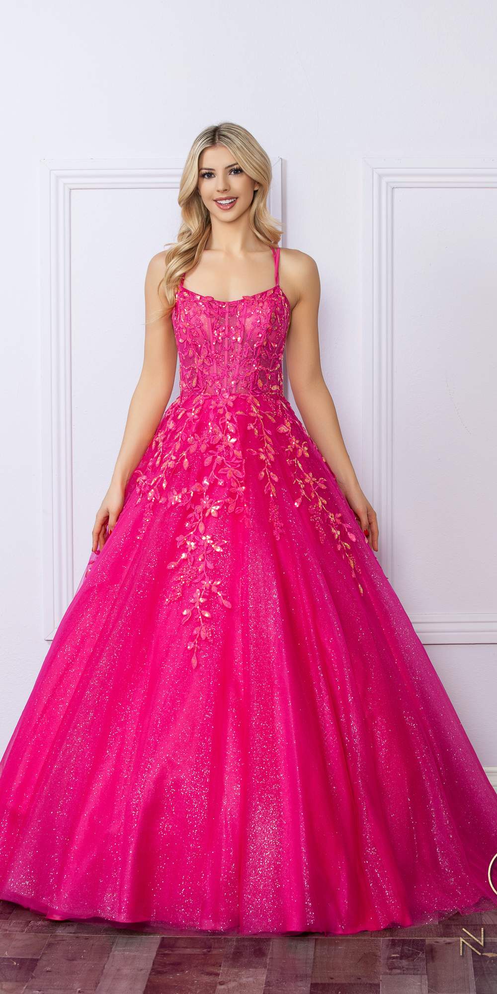Nox Anabel H1271 Long Scoop Neckline Glitter Tulle A-Line Ballgown