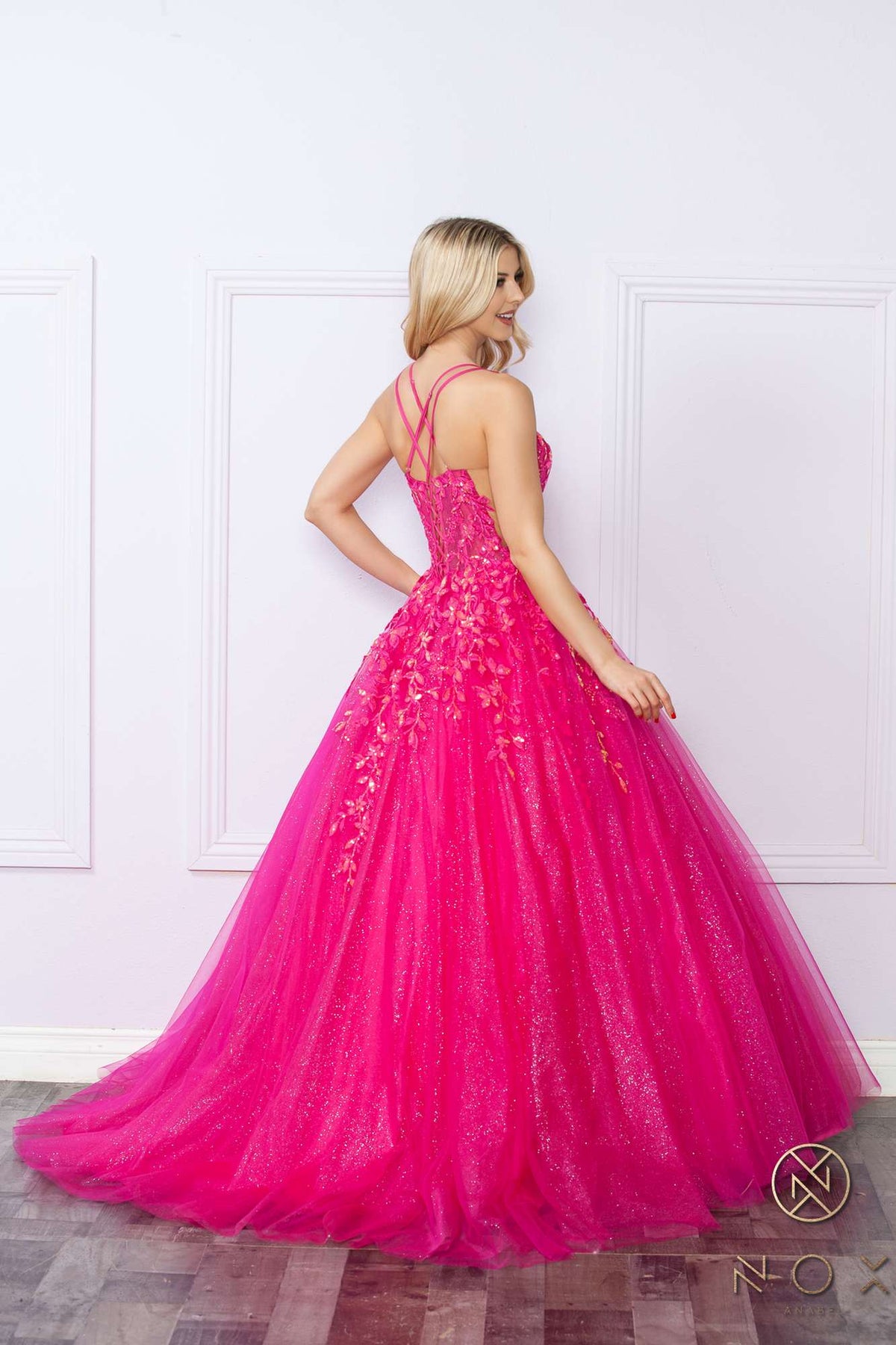 Nox Anabel H1271 Long Scoop Neckline Glitter Tulle A-Line Ballgown