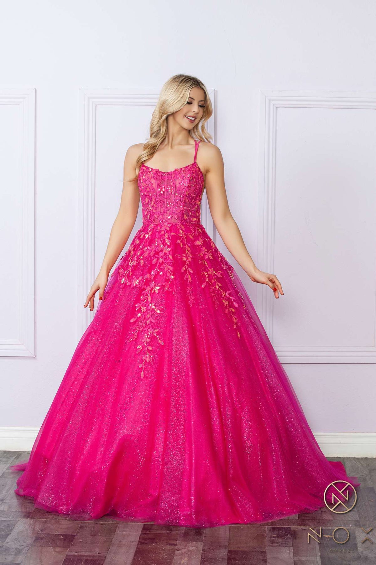 Nox Anabel H1271 Long Scoop Neckline Glitter Tulle A-Line Ballgown
