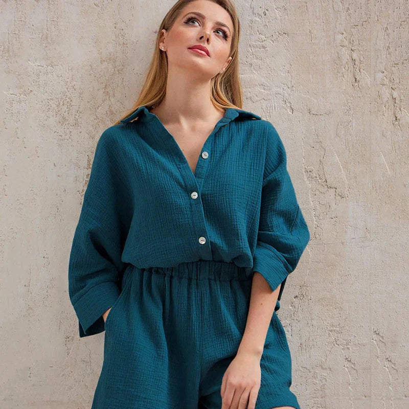 Women's Cotton Pajama Set Casual Collar Sleepwear Suit