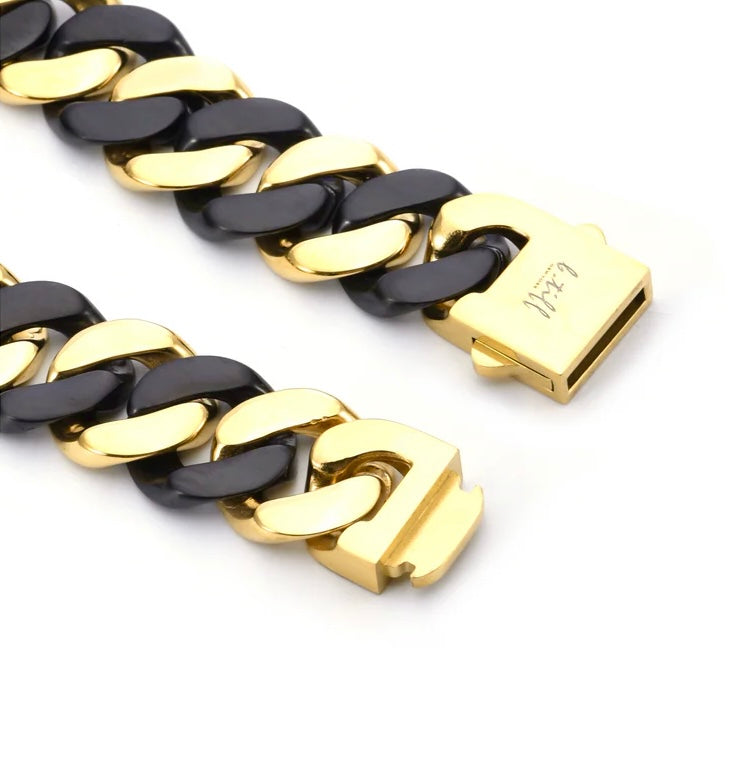 BG160BG B.Tiff High Polish 16mm Black & Gold Flat Cuban Link Bracelet