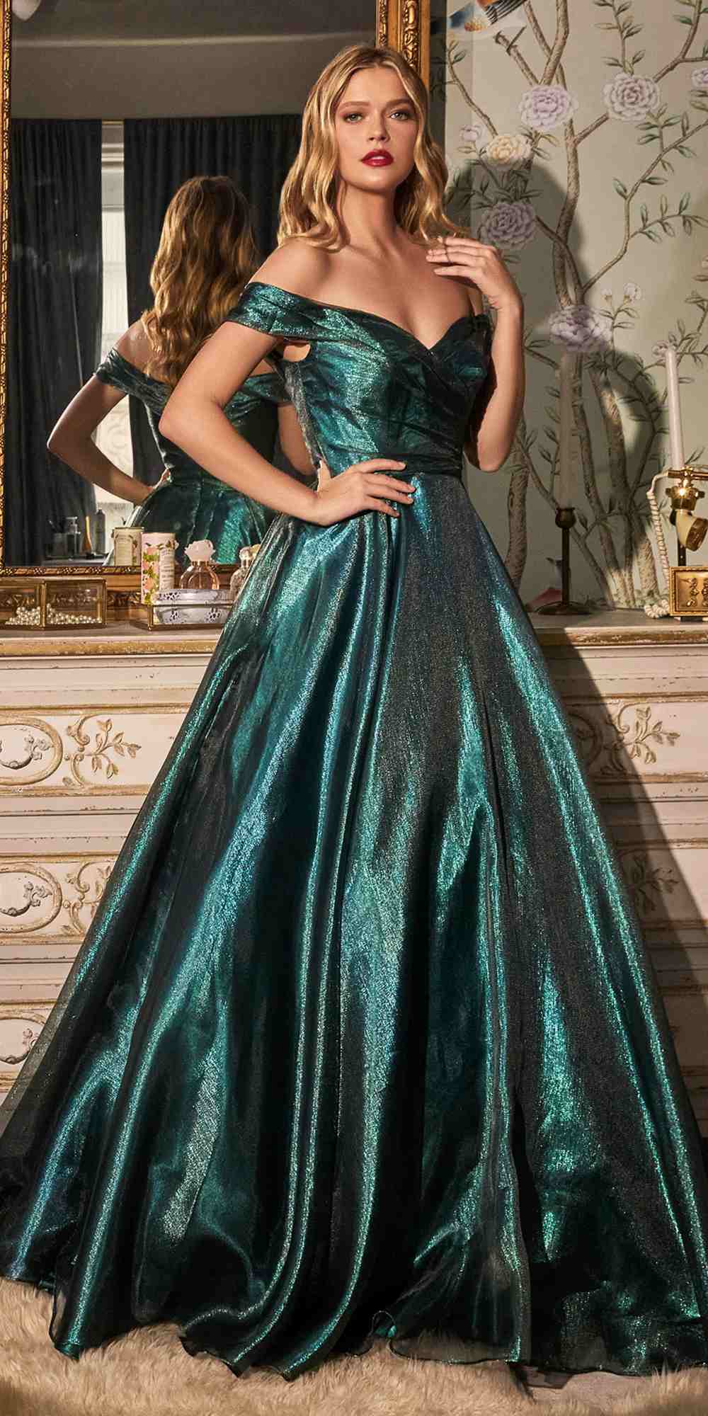 Cinderella Divine J822 A-Line Organza Off the Shoulder Ball Gown