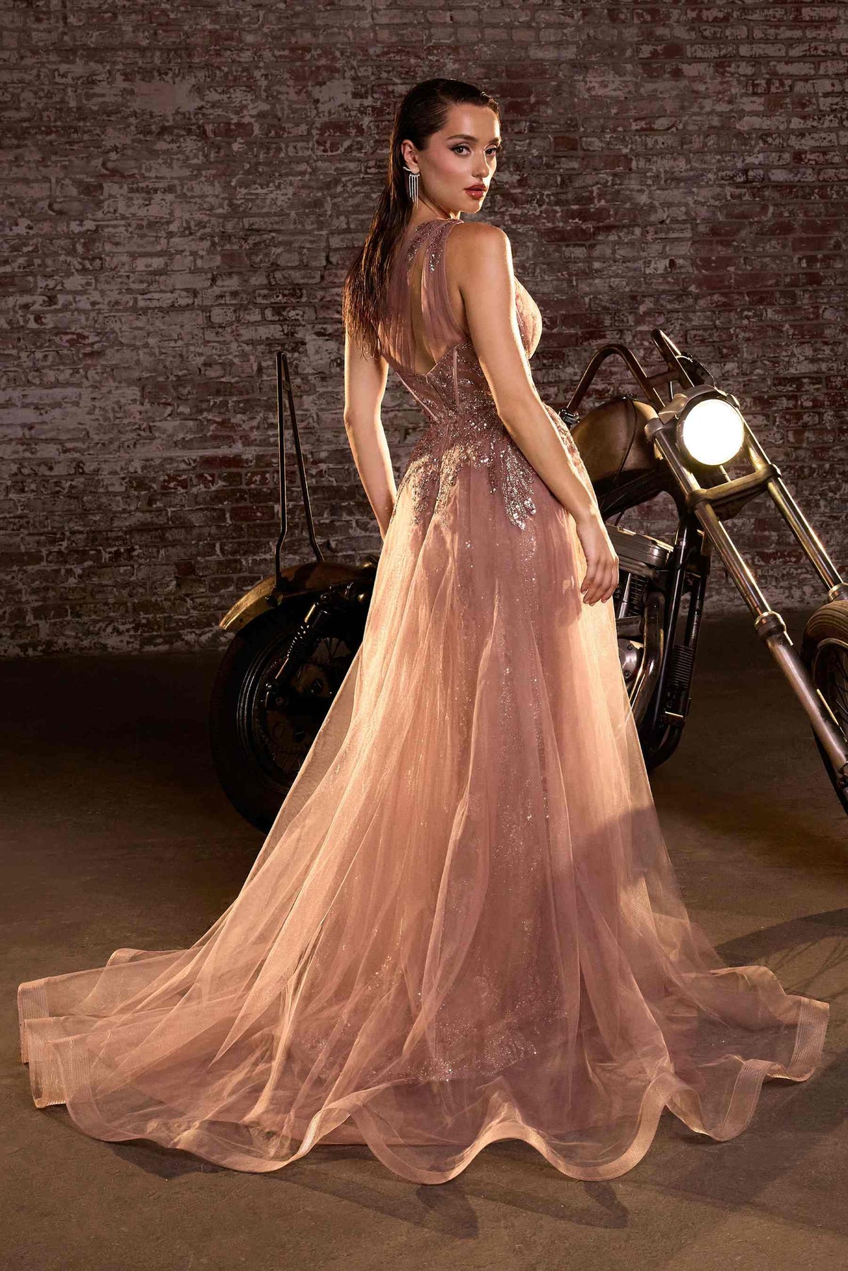 Ladivine J869 Long Fitted Tulle One Shoulder Strap Illusion Neck Gown