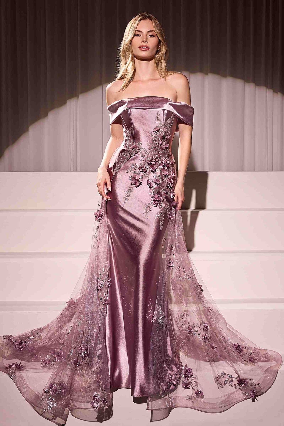 Ladivine J876 Dress Embellished Satin Fitted Gown With Tulle Overskirt