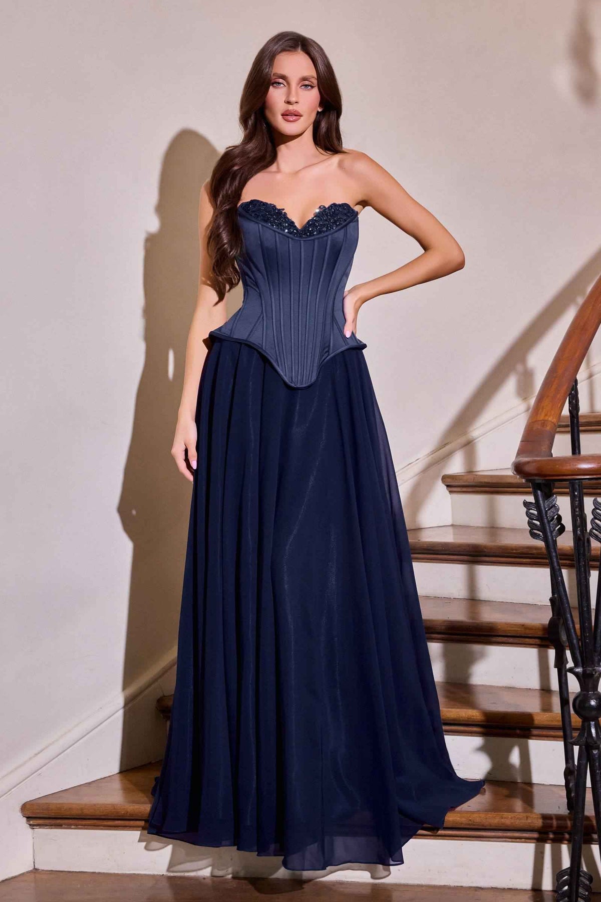 Ladivine J891 Fitted Corset Bodice Flowy Chiffon Skirt Formal Gown