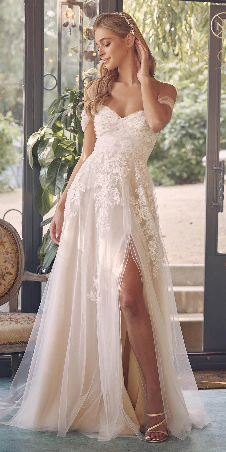 Nox Anabel JE953 Long Sweetheart Neck A-Line Gown Off Shoulder with Slit