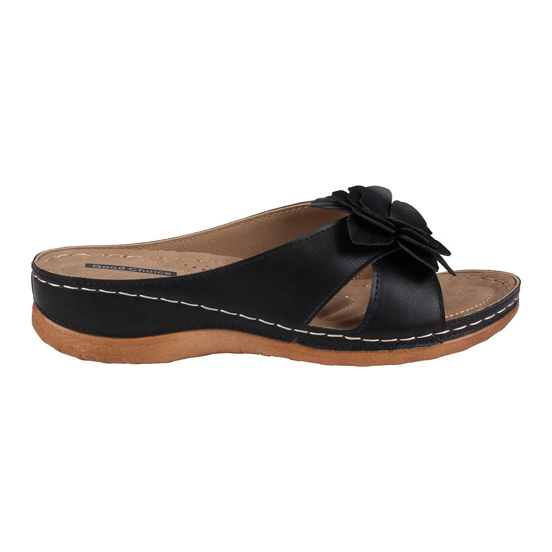 Women's Joy Black Flower Flat Sandals