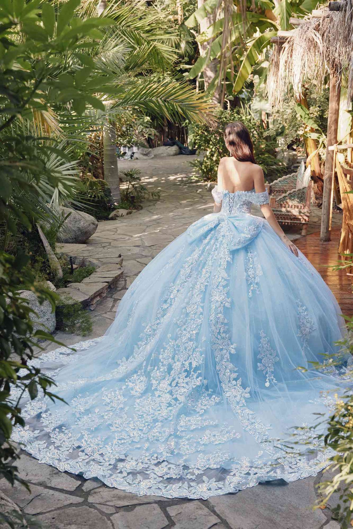 Juliet JT1458J Off the Shoulder Draped Sleeve Cathedral Train Quince Dress