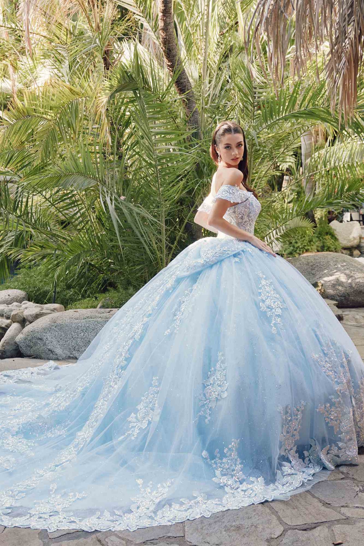 Juliet JT1458J Off the Shoulder Draped Sleeve Cathedral Train Quince Dress