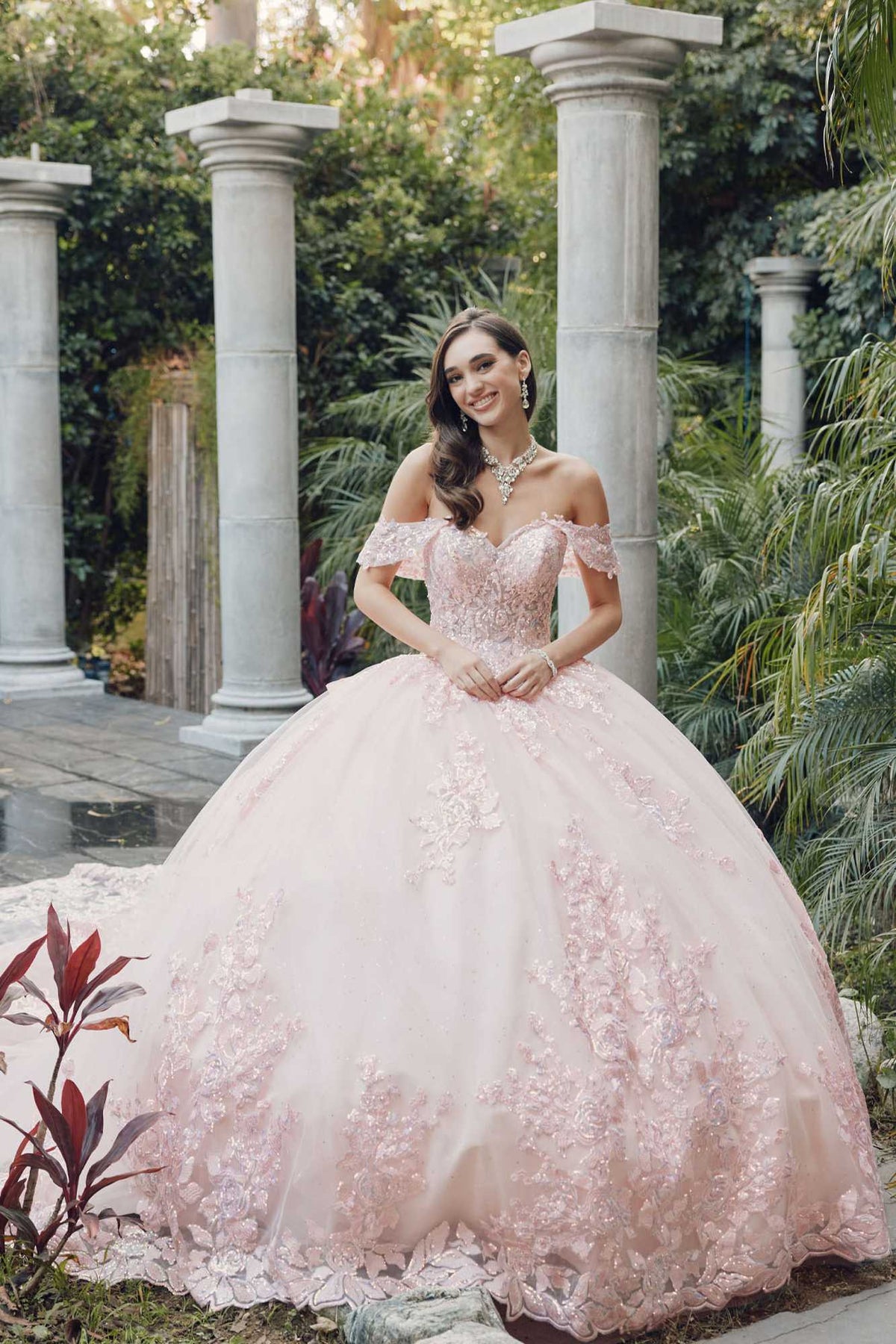 Juliet JT1458J Off the Shoulder Draped Sleeve Cathedral Train Quince Dress
