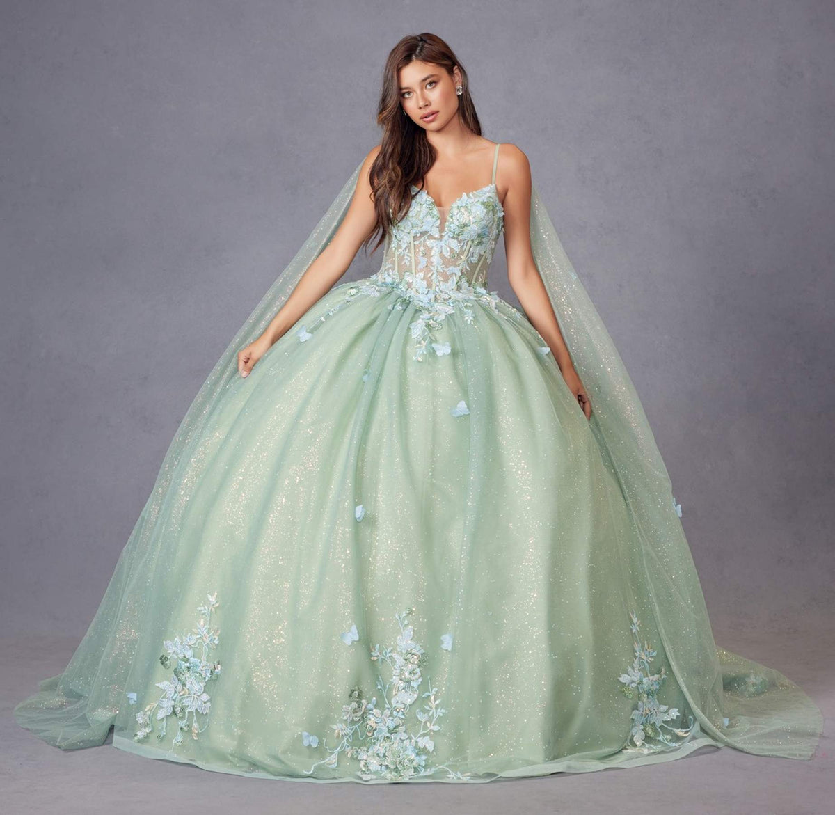 Juliet JT1466H Dress 3D Multi Floral Applique Cape Sleeve Quinceanera Gown