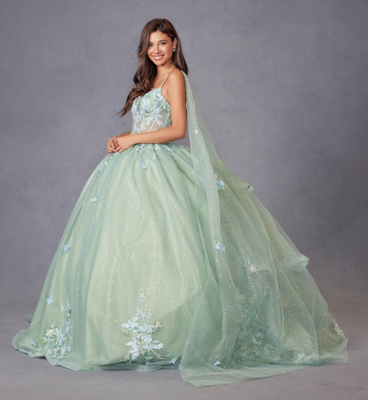 Juliet JT1466H Dress 3D Multi Floral Applique Cape Sleeve Quinceanera Gown