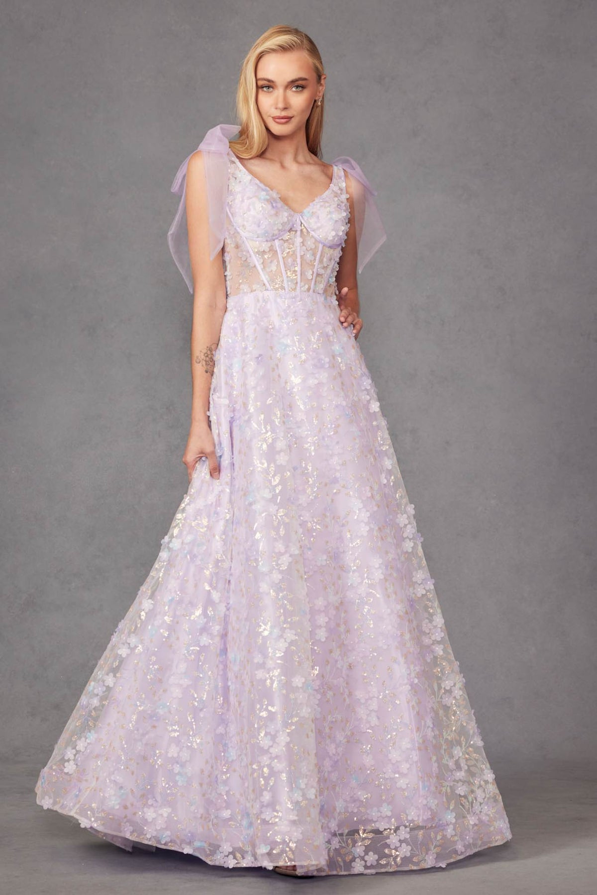 Juliet JT2439K Long 3D Floral Glitter Print Sleeveless A-line Gown