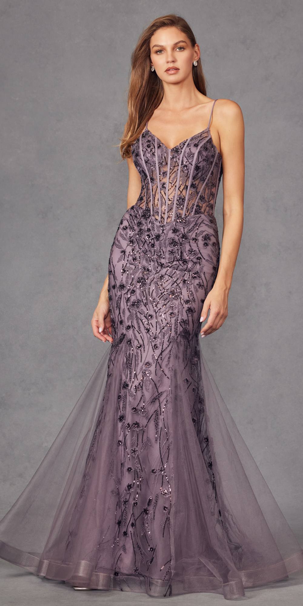 Juliet JT2441S Long Corset Bodice Embellished Sleeveless Mermaid Dress