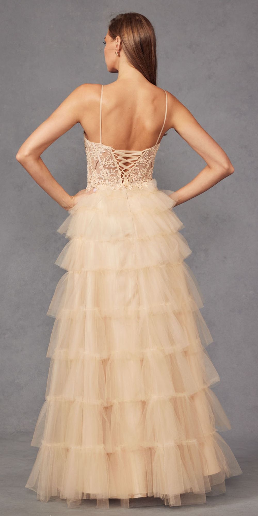 Juliet JT2451S Long Lace Bodice Sleeveless A-line Ruffled Gown